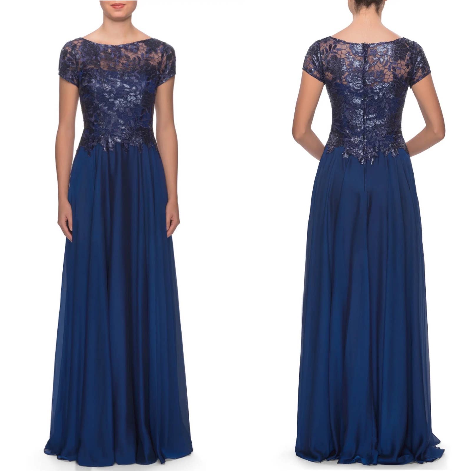 La Femme Navy Floral Lace Satin Illusion Gown Style 27924 Size 10 New